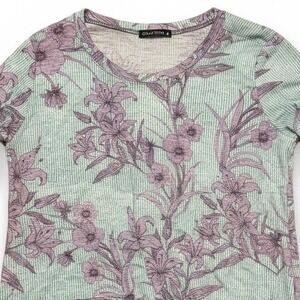 David Cline Women's Medium Floral Print Long Sleeve Knit Top‎ Mint Purple Ruched